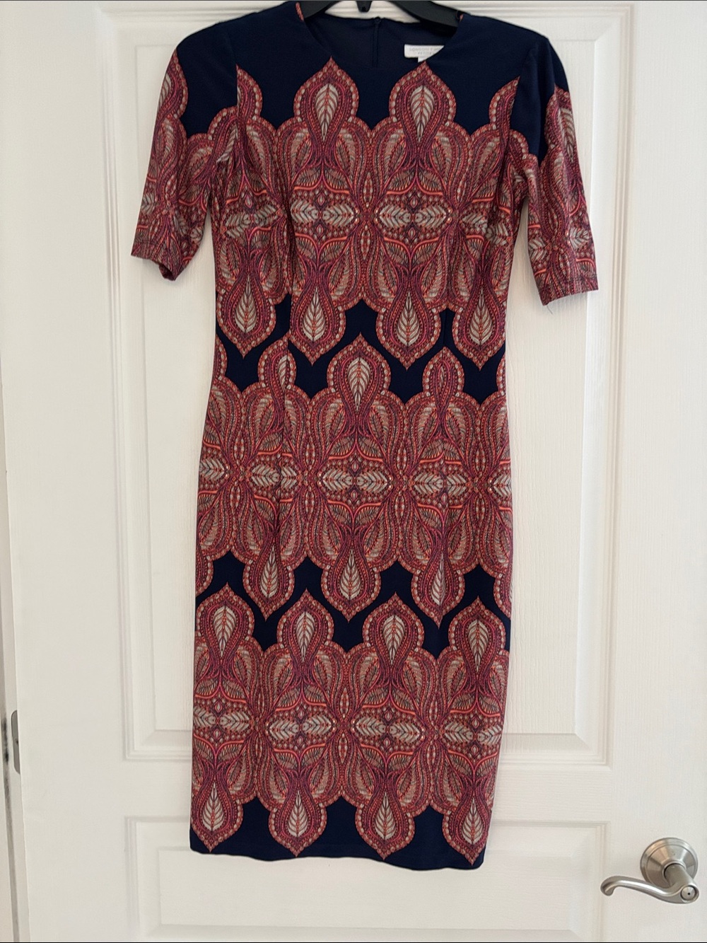 London Times Navy Sheath Dress with Red Paisley Pattern - Petite